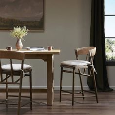 two chairs and a table in front of a window with a painting on the wall