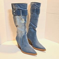 These Are Brand New With Box. These Are So Sexy And Fabulous. Material Is A Soft Durable Jean Material That Can Pull Up The Calf. Medium Calf Friendly Has Alittle Room For Pull. Boots Has Distressed Patches And Closed Pockets To Enhance The Style. Perfect With Your Cute Shorts, Jean Skirt, And Cute Attire. Light Denim Color May Vary Due To Lighting!! Grab You A Pair Before They Go Fast No Restock On These!! Denim Cowgirl Boots, Denim Knee High Boots, Under The Knee Boots, Denim Cowgirl, Silver Ankle Boots, Womens Thigh High Boots, Red Leather Boots, Knee High Platform Boots, Chunky Ankle Boots