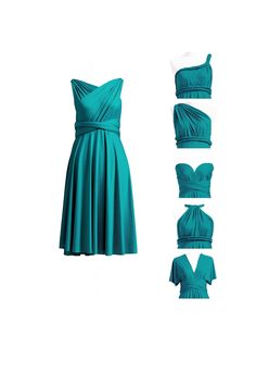 the dress is green and has four different types of dresses on it, including one in teal