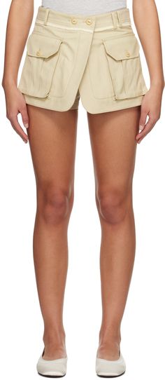 Plain-woven cotton-blend shorts. · Wrap construction · Belt loops · Frayed trim at waist · Four-pocket styling · Zip-fly Supplier color: Beige Wrap Shorts, Woven Cotton, Cotton Weaving, Apparel Accessories, Womens Bottoms, Cotton Blend, Golf, Trim, Fashion Outfits