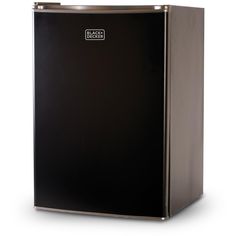 a small black refrigerator on a white background