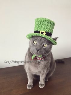 a gray cat wearing a green crocheted hat