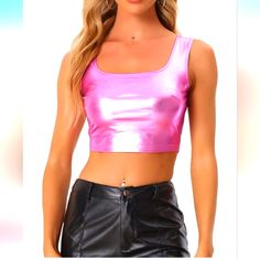 Allegra K Women's U Neck Sleeveless Halloween Party Clubwear Holographic Shiny Metallic Crop Top Y2k Pink Tank Top For Party, Y2k Style Pink Tank Top For Party, Sleeveless Tops For Costume Party, Sleeveless Tops For Summer Costume Party, Spring Disco Sleeveless Crop Top, Disco Style Sleeveless Tank Top For Summer, Disco Style Sleeveless Tank Top For Spring, Spring Sleeveless Disco Crop Top, Fitted Sleeveless Tops For Halloween