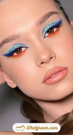 Blue Orange Eye Makeup, Blue Eye Shadow Make Up, Make Up For Festivals, Blue Orange Eyeshadow, Blue And Orange Eye Makeup, Blue And Orange Makeup Look, Orange And Blue Makeup Looks, Butterfly Eyeshadow Look, Blue Hair Makeup Ideas