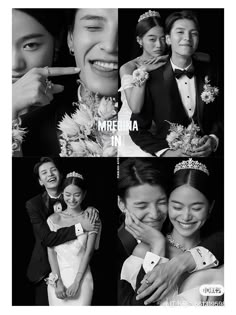 black and white photo collage of two brides, one holding the groom's finger