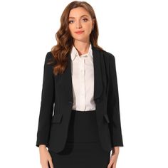 This Winter Shawl Lapel Work Blazer is designed for the modern working woman, featuring a sophisticated shawl lapel and long sleeves that exude professionalism and style in any office setting. A must-have option for the new season, add new styles to your wardrobe. Equipped with spacious pockets, this office jacket blazer offers practicality along with its elegant design. Store your essentials like keys or small personal items conveniently while on the go. With its classic design and neutral colo Elegant Long Sleeve Blazer For Office, Elegant Long Sleeve Office Blazer, Elegant Office Blazer, Elegant Office Blazer With Lapel Collar, Formal Office Lady Blazer With Notch Lapel, Professional Career Suits, Tailored Outerwear For Office Workwear, Elegant Black Career Suits, Elegant Single Button Office Blazer