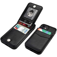 an open wallet style cell phone case with credit cards in the front and side pockets