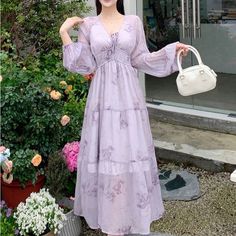 With Floral Print Design, Deep V-Neck And Bow At Front Unused Wisteria Clothes, Light Purple Long Dress, Lavender Dress Long, Lavender Prom, Purple Long Dress, Lavender Dresses, Floral Print Design, Gold Feathers, Dresses Long Sleeve