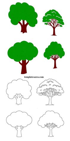 four different types of trees in green and red