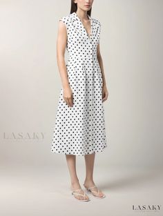 Lasaky - Over-the-Knee Polka Dot Sleeveless Maxi Dress with Single Button Closure Polka Dot Knee-length Sleeveless Dress For Spring, Spring Sleeveless Polka Dot Midi Dress, Sleeveless Polka Dot Midi Dress For Spring, Polka Dot Sleeveless Daywear Dress, Chic Sleeveless Polka Dot Midi Dress, White Sleeveless Midi Dress With Button Closure, Casual Polka Dot Sleeveless Midi Dress, Polka Dot Midi Dress For Summer Workwear, Summer Polka Dot Midi Dress For Work