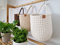 three crocheted baskets hanging on a wall next to plants and potted plants