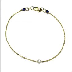 I've been adding a personal touch to the clasps of my pieces and I recently designed this bracelet for a client... Composed of a .07 carat solitaire diamond, GSI or above and two .07 carat sapphires, set in 14k gold bezels and cable chain with lobster clasp closure. I love adding an unexpected element while maintaining the simplicity of a piece and you will be seeing more of this in my designs to come! Available in 14k white, yellow and rose gold. Size 6 - 7 inches or specify a custom size in yo Formal White Gold Tennis Bracelet With Single Diamond, Minimalist Gold Bracelet With Diamond Cut, Luxury Yellow Gold Diamond Bracelet With Single Diamond, Classic Yellow Gold Bracelet With Single Diamond, Diamond White Chain Bracelet With Diamond Accents, 14k Yellow Gold Diamond Bracelet With Single Diamond, Minimalist Round Gold Bracelet With Diamond Cut, Anniversary Yellow Gold Diamond Bracelet With Single Diamond, Diamond Chain Bracelet With Diamond Accents