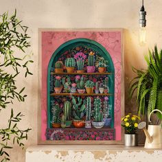 a painting of cactuses and potted plants on a shelf