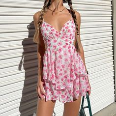 Size Reference Bodycon Dress Model Show Dress For Women Real Photo Vestido Feminino Details Mini Dresses Frill Mini Dress, Beach Mini Dress, Floral Print Chiffon, Mini Dress Fashion, Mini Sundress, Pink Gowns, Dress Stores Online, Mini Dresses For Women, Pink Summer