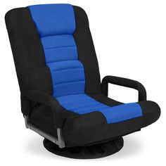 an office chair with blue and black fabric