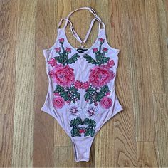 Top Chic Sheer Floral Halter Bodysuit. Size S. Nwot Summer Festival Bodysuit, Sleeveless Summer Bodysuit For Festivals, Sleeveless Bodysuit For Summer Festivals, Summer Swimwear With Floral Embroidery, Pink Feminine Bodysuit For Summer, Feminine Pink Bodysuit For Summer, Spring Feminine Beach Bodysuit, Halter Bodysuit, Chic Tops