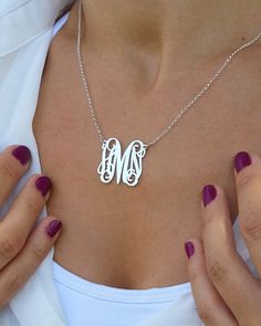 Monogram Necklace 3 Initials Sterling Silver Monogram Name Necklace In White Gold, White Sterling Silver Necklace With Monogram, Classic Sterling Silver Initial Pendant Name Necklace, Classic Silver Initial Necklace With Name, Classic Sterling Silver Initial Pendant Necklace, Classic Sterling Silver Monogram Necklace, Classic Sterling Silver Necklaces With Initials, Classic Monogram Name Necklace As Gift, Sterling Silver Monogram Name Necklace As Personalized Gift