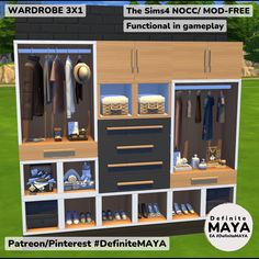 an animated image of a closet with shoes and other items on shelves in front of it