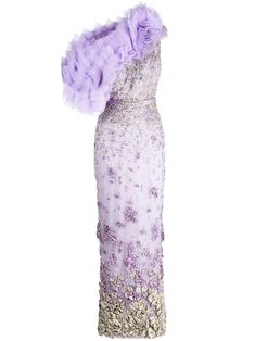 lavender purple bead embellishment V-neck sleeveless ruffled detailing belted waist open back long length Lavender Purple Dress, Dreamy Outfits, Dress Reference, Tulle Long Dress, Saiid Kobeisy, Purple Outfit, Bead Embellishment, Styles Ideas, Versace Dress