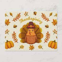 a thanksgiving card with a turkey wearing a pilgrim hat and pumpkins on the side