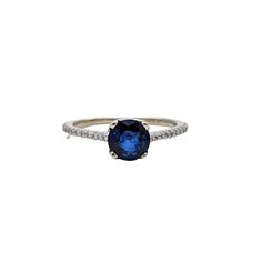 Blue Sapphire Ring w Earth Mined Diamonds in Solid 14k White Gold Round 6.5mm 14k White Gold Sapphire Diamond Ring Vvs Clarity, Timeless Sapphire Diamond Ring With Vvs Clarity, Fine Jewelry Sapphire Diamond Ring With Round Stone, Classic Sapphire Ring With Center Stone, Vvs Clarity Sapphire Diamond Ring Fine Jewelry, Round Cut Diamond Birthstone Ring, Diamond Ring With Brilliant Cut Sapphire In Round Shape, Timeless 14k White Gold Sapphire Ring With Prong Setting, Sapphire Diamond Ring With Brilliant Cut