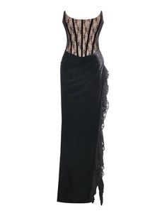 L/10-12 Black Gaia lace velvet corset dress with side slit#ootd #sleevelessdress #eveninggown #wardrobeessentials #straplessdress