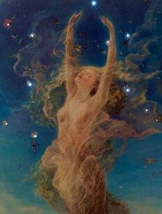 a painting of a woman with her arms in the air, surrounded by butterflies and stars