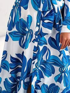 Lasaky - Chic and Elegant Plus Size Boho Dress: Womens Tropical Print Maxi Shirt Dress With Belt, Long Sleeve Lapel Collar and Button-Up Design Printed Button-up Beach Dress, Beach Button-up Printed Dress, Button-up Printed Beach Dress, Blue Printed Collared Dress, Blue Collared Printed Dress, Blue Maxi Dress With Button Closure For Vacation, Plus Size Boho Dress, Shirt Dress With Belt, Tropical Print Maxi Dress