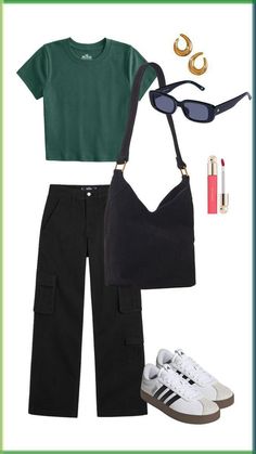 Green Black Outfit Aesthetic, Black Cargo Pants Summer Outfit, Basic Outfit Ideas For School Casual, Black Cargo Outfits Women, Black Cargo Pants Outfit Casual, Black Cargo Pants Outfit Women Casual, Black Cargo Outfits, How To Style Black Cargo Pants, Black Tote Bag Outfit