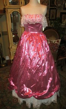 Fabulous Estate Find! HOT PINK SHINY LAME "Southern Belle" Dress Strapless with boning inside bodice (see pic) 3-layers = top pink, lining with lace trimmed bottom and crinoline netting Dress was too small for dress form.  Shown with zipper not zipped. See pic for zipper closed. Shown on dress form with hoop petticoat which is not included. Very Good Vintage condition with white threads showing at right side bodice at waist Ships Priority 2 pounds Vintage, used and previously owned clothing is n Netting Dress, Ugly Dress, 1980 Dress, Hoop Petticoat, Bright Pink Dress, Southern Dresses, Southern Belle Dress, Crinoline Dress, Ugly Dresses