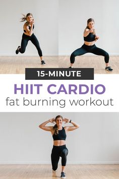 Try this heart pumping, fat burning, no equipment HIIT Cardio Workout! You can do these 10 bodyweight exercises anywhere. Simply press 'play' and follow along with this guided, 15-minute HIIT workout video to burn calories, increase endurance and muscle definition. Home workout for all fitness levels. This workout is perfect for those days you're feeling a little sore from strength training, but still want to raise your heart rate. Also a great traveling workout! Exercise Hiit, 15 Minute Hiit Workout, Cardio Moves, Hiit Workouts Fat Burning, Cardio Workout Video, Increase Endurance, Hiit Workout Videos, Hiit Workouts For Beginners, Workout Videos Free