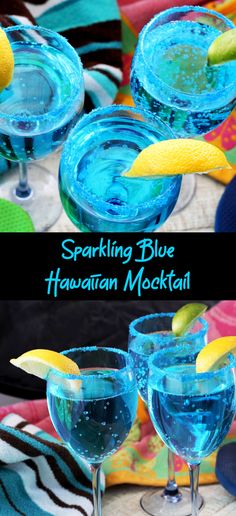 two glasses filled with blue hawaiian cocktails