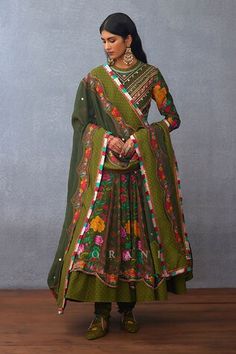 Olive green full sleeves anarkali with all over gullista digital print and gota lace, heart charms and metallic coins hand embroidery on the yoke. Paired with a churidar and a hand embroidered-printed matching dupatta with multi thread tassels border detailing. - Aza Fashions Long Sleeve Green Salwar Kameez For Festivals, Green Long Sleeve Choli For Wedding, Green Long Sleeve Traditional Wear For Wedding, Traditional Green Anarkali Set With Cutdana, Green Anarkali Salwar Kameez With Long Sleeves, Multicolor Long Sleeve Anarkali Set With Mirror Work, Multicolor Long Sleeve Traditional Wear With Sheer Dupatta, Green Long Sleeve Anarkali Set For Festive Season, Green Long Sleeve Traditional Wear For Festivals