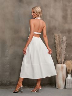 Solid Color Backless Sleeveless Wrap Long Dress, White / XXL Solid Sleeveless Maxi Dress For Date Night, Chic Sleeveless Backless Dress For Summer, Chic Backless Sleeveless Dress For Summer, Chic Solid Sleeveless Dress For Brunch, Chic Sleeveless Solid Color Dress For Brunch, Chic Sleeveless Backless Dress For Beach, White Sleeveless Backless Dress For Date Night, Fitted Halter Neck Sleeveless Dress For Brunch, Chic Sundress With Halter Neck In Solid Color