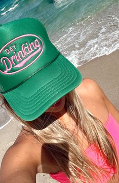 FINAL SALE Whether you are headed to the beach or headed to the patio, this Day Drinkin' Green Trucker Hat is a must have accessory. It has a kelly green base with pink lettering. Snapback Adjustment Green Trucker Hat, Resort Collection, Crop Top Blouse, Sweater Blouse, Kelly Green, Cardigan Jacket, Denim Shop, Cropped Tank Top, Dress Accessories