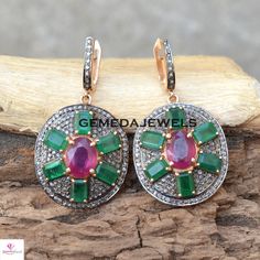 Ruby Gemstone Earrings, Emerald Gemstone Earrings, 14k Gold Plated Jewelry, 925 Silver Earrings, Gemstone Silver Jewelry, Christmas Gifts Gross Weight: 14.23 gram Gemstone Weight: 13.68 cts Diamond Weight: 1.32 cts Earrings Size: 44X24 MM NOTE:- All The Products Are Designed And Manufactured In My Workshop By Me & My Team. Shown Products Are Purely Handmade. Custom Orders Are Open Handly Accepted. We Are Perfect Choice For Any Custom Jewelry Manufacturing. For Bulk Orders Please Message me. Fine Jewelry Multi-stone Diamond Earrings For Gift, Fine Jewelry Multi-stone Round Diamond Earrings, Round Gemstone Accent Earrings For Anniversary, Oval Earrings With 17 Jewels For Gift, Round Earrings With Gemstone Accents For Anniversary, Round Multi-stone Earrings For Anniversary, Sterling Silver Multi-stone Earrings Fine Jewelry, Luxury Oval Earrings With 17 Jewels For Gift, Anniversary Multi-stone Round Earrings