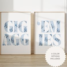 two blue and white art prints with the words gig'em agg on them