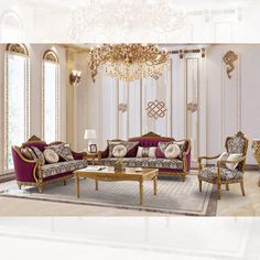 a living room with fancy furniture and chandelier