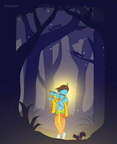 a cartoon girl standing in the middle of a forest at night with a squirrel nearby