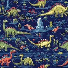 a blue background with dinosaurs and trees