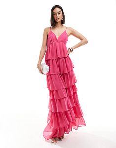 Vila tiered frill maxi cami dress in bright pink | ASOS Save Outfits, Prom Dress Shopping, Plus Size Designers, Evening Dresses Prom, Dress Code, Workwear Dress, Cami Dress, Party Fashion, Tops For Leggings