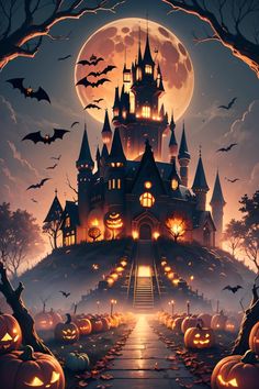 a halloween castle with pumpkins and bats in the foreground is lit up at night