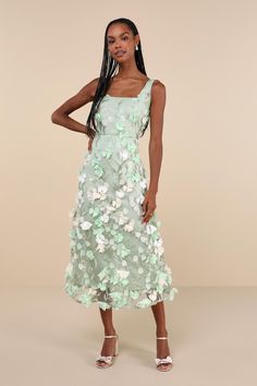 Mint Green Dress - Sleeveless Dress - 3D Floral Applique Dress - Lulus Tea Length Floral Dress, Mint Wedding Guest Dress, Spring Party Dress With 3d Embroidery, Summer Midi Dress With Floral Applique, Spring Floral Applique Midi Dress For Garden Party, Sleeveless Midi Dress With Floral Applique For Summer, Spring Floral Applique Midi Dress, Summer Evening Midi Dress With Floral Applique, Summer Party Dresses With 3d Flowers