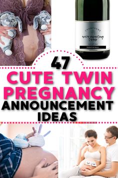 the words cute twin pregnancy announcement ideas are in pink and white with images of pregnant women