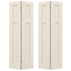 two white doors are open and closed on the same side, with one door opened