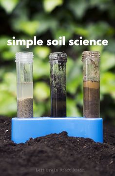 three glass bottles filled with dirt and soil sitting on top of a pile of dirt