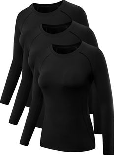 three women's black long sleeved top with round neck and scooped sleeves, front view