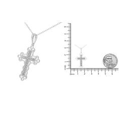 Celebrate your inner spirituality with this magnificent art-deco diamond cross pendant. This necklace is embellished with a 1/4 cttw of natural, round-cut diamonds. Silver spirals all around the cross to create a fancy eye-catching design. The prong-set diamonds are set onto genuine .925 sterling silver, plated with rhodium (a platinum-family metal) for a lifetime of tarnish-free wear. It comes with an 18" inch box chain. This is the perfect piece to embrace and honor your faith. Sterling Silver Cross Pendant Necklace, Sterling Silver Crucifix Cross Necklace, Sterling Silver Cross Necklace With Diamond Accents, Silver Cross Pendant Necklace In Fine Jewelry Style, Silver Crucifix Cross Necklace Fine Jewelry, Diamond Cross Pendants, Estilo Art Deco, Diamond Cross, Art Deco Diamond