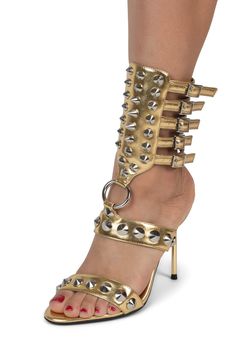 Gladiator heeled sandal with spike and o-ring detail Pairs perfectly with our PARTY-GIRL arm cuff Fits true to size 3.15" Heel, 0.25" Platform Synthetic Upper, Leather/ Synthetic Lining, Synthetic Sole Velcro-closure Fashion Palette, Gladiator Sandals Heels, Platform Flats, Gladiator Heels, Arm Cuff, Party Girl, Heeled Sandal, Party Girls, O Ring