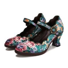 These pump-style shoes exude elegance and sophistication, making them a perfect choice for those seeking a refined look. The standout feature of these shoes is their stunning tapestry floral pattern, which adds a touch of beauty and allure. These pumps are designed with a convenient hook and loop closure, allowing for Fun Mary Jane Shoes, Ashlyn Ella, Embroidered Pumps, Artistic Dress, Leather Mary Jane Shoes, Shoes Colorful, Bio Fashion, Floral Pumps, Elf Shoes